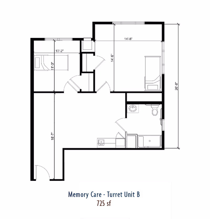 Architectural floor plan of a Memory Care - Turret Unit B at MorningStar Assisted Living & Memory Care at Jordan, showing a layout with two bedrooms, a bathroom, and a living area, with dimensions labeled and total area of 725 square feet.