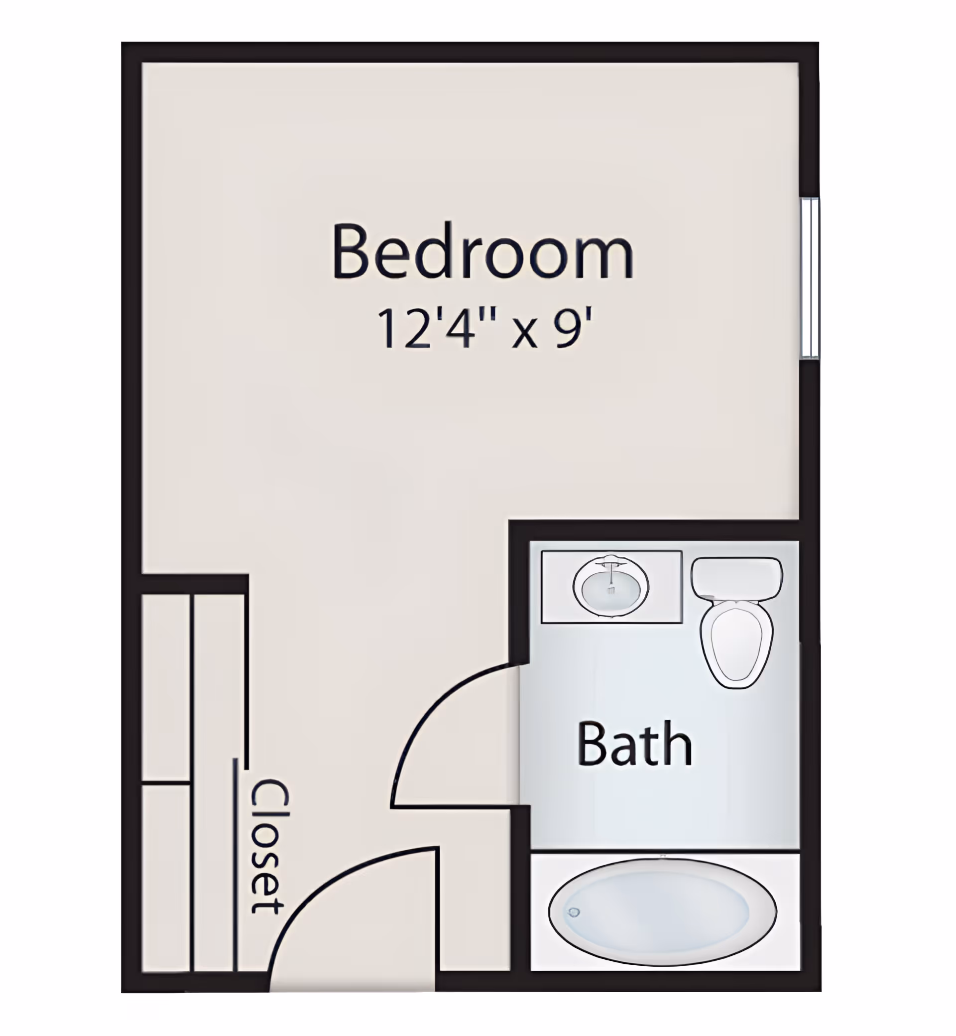 Floor plan of a small living space at Churchland Nursing Home showing a bedroom measuring 12 feet 4 inches by 9 feet, a closet, and an attached bathroom with a sink, toilet, and bathtub.