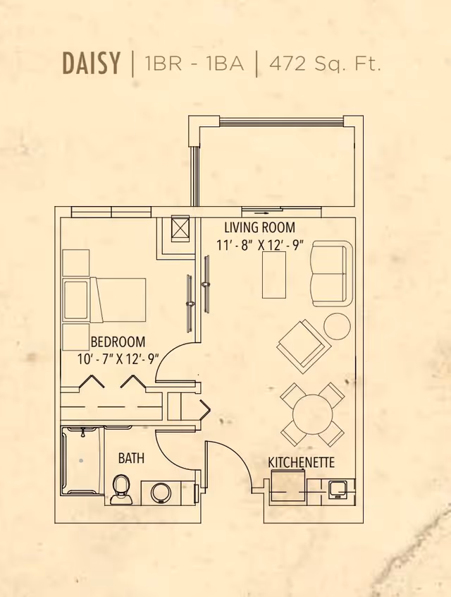 Floor plan of a one-bedroom, one-bathroom apartment named Daisy, measuring 472 square feet. The layout includes a bedroom, bathroom, living room, and kitchenette with furniture and fixtures illustrated.