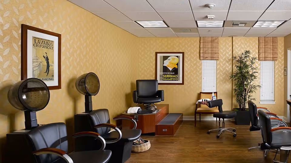 Interior of a salon area with black salon chairs and hair dryers against a yellow patterned wall. There are framed vintage-style posters on the walls, two windows with blinds and valances, a potted plant, and wooden flooring.