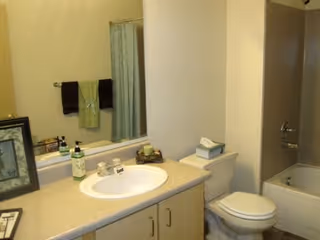Bathroom with a sink and countertop, a mirror above the sink, a toilet next to the sink, and a bathtub with a shower curtain. Towels are hanging on a rack on the wall.
