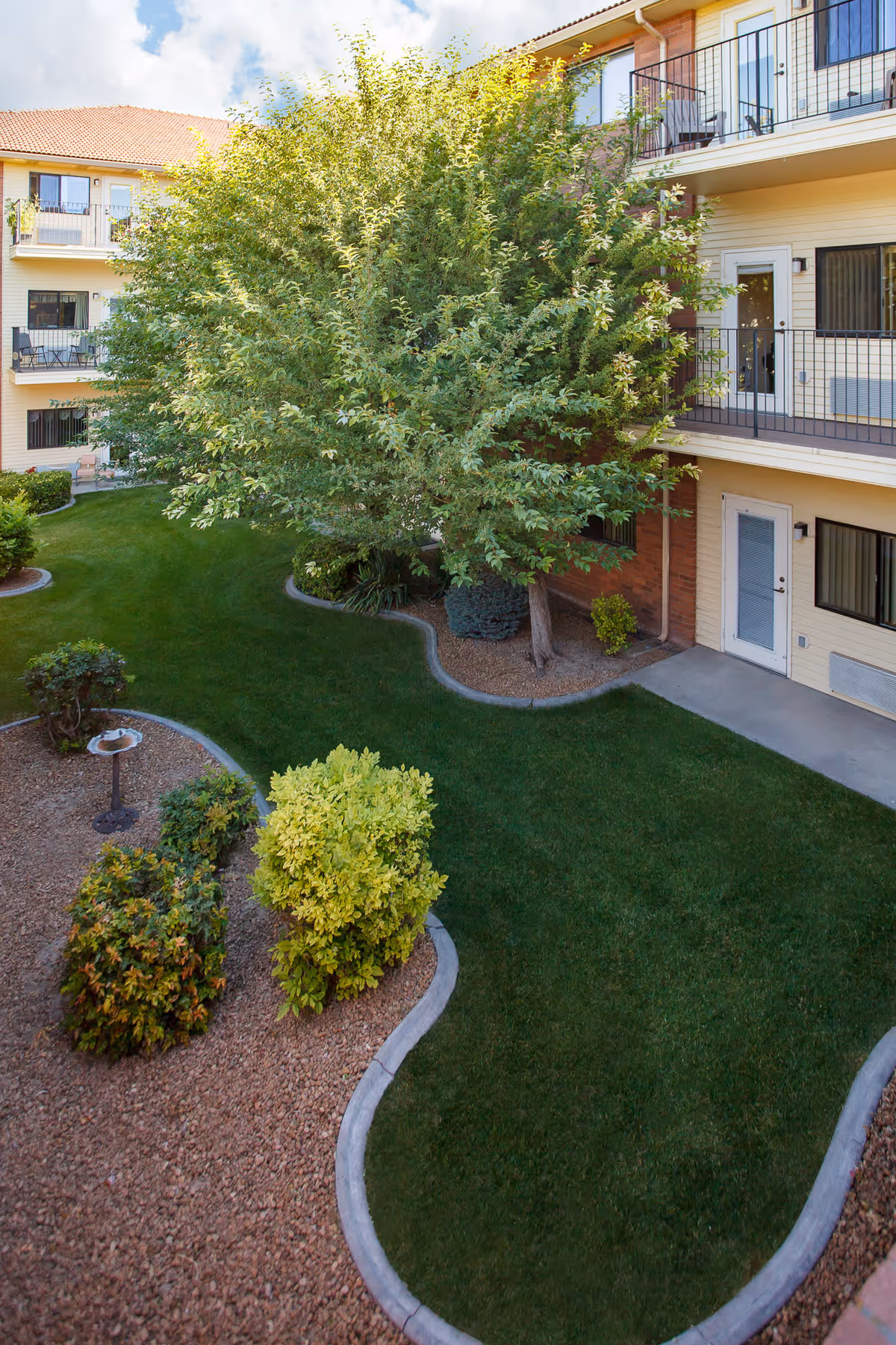 View of a landscaped courtyard area with green grass, bushes, and a large tree surrounded by a three-story building with balconies and doors leading outside.