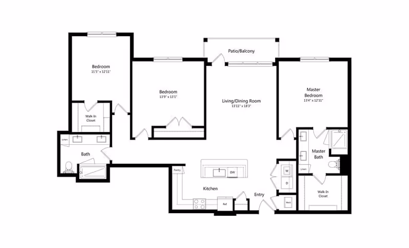Architectural floor plan of a residential unit at Everleigh Short Pump showing three bedrooms, two bathrooms, a kitchen with pantry, a living/dining room area, a patio/balcony, entryway, and closets including walk-in closets.