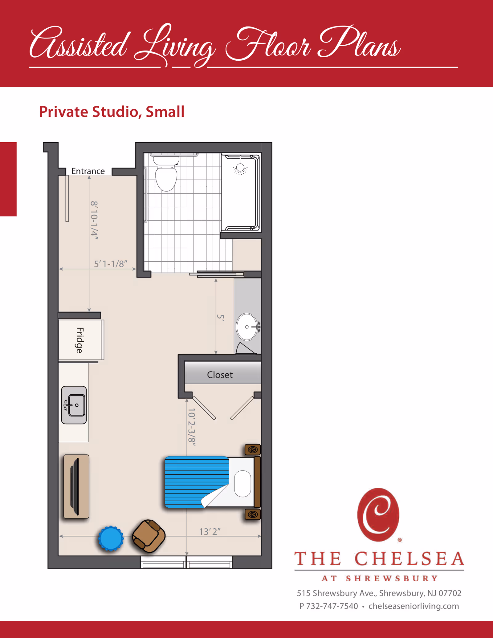Floor plan of a small private studio assisted living unit at The Chelsea at Shrewsbury, showing an entrance area, a combined living and sleeping space with a bed, chair, small table, TV, kitchenette with fridge and sink, a closet, and a bathroom with toilet and shower.