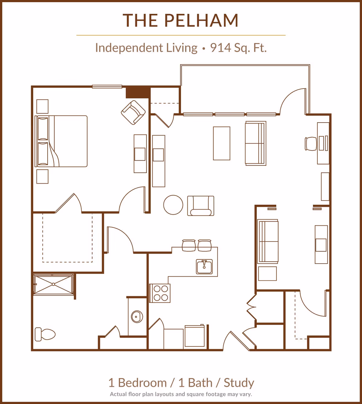 Floor plan of The Pelham independent living unit at The Village of River Oaks, showing a layout with 1 bedroom, 1 bathroom, and a study area, covering 914 square feet. The plan includes a bedroom with a bed and chair, a bathroom with a toilet and shower, a kitchen with appliances and a sink, a living area with seating and a table, and a study with a desk and chair.