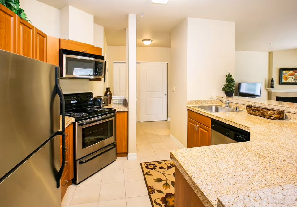 Modern kitchen with stainless steel refrigerator, black stove and microwave, wooden cabinets, granite countertops, a sink, dishwasher, and a decorative plant. The kitchen opens into a living area with a TV and fireplace visible in the background.