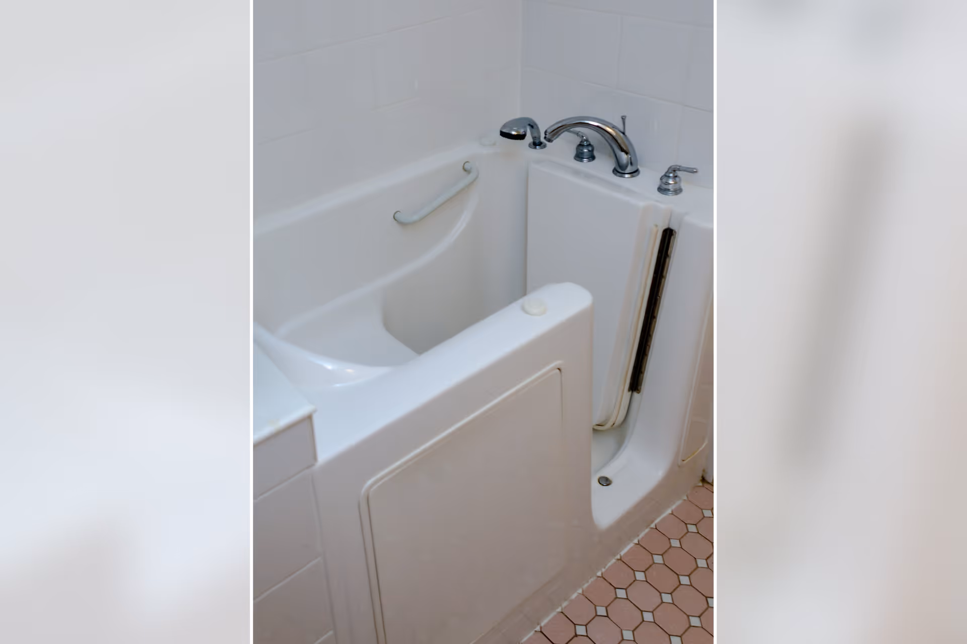 A white walk-in bathtub with a door for easy access, equipped with a grab bar and chrome faucet fixtures, set against white tiled walls and a floor with hexagonal pink and white tiles.