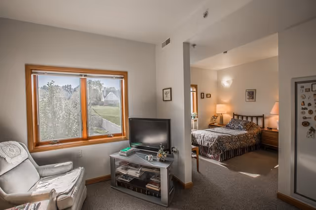 Sunlit senior apartment living area with an armchair, TV on a stand, a large window, and a bed visible through a partial wall.