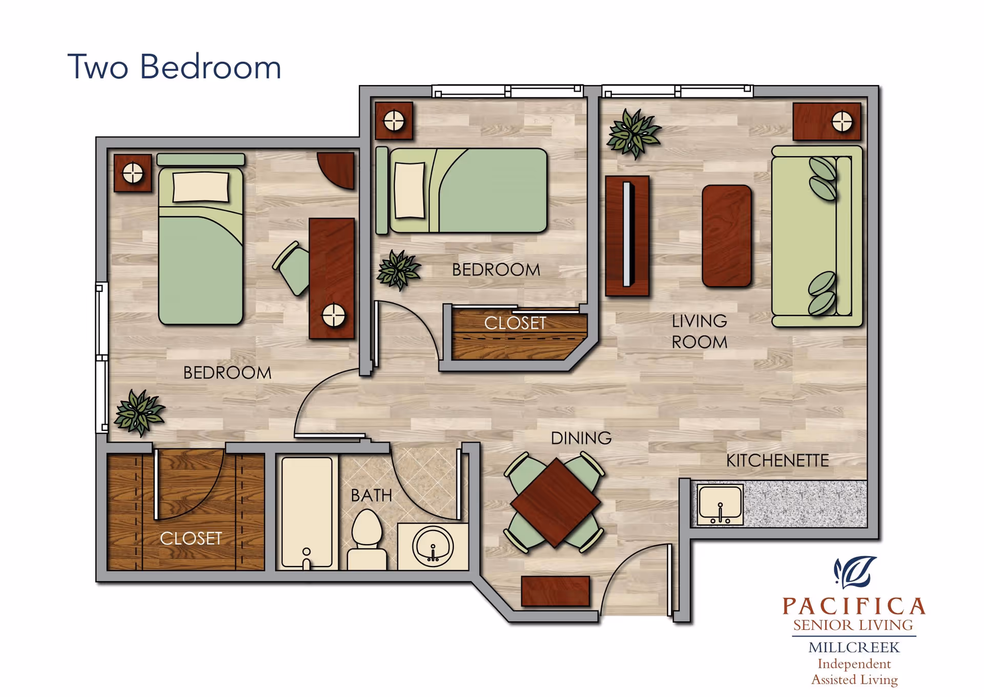 Floor plan of a two-bedroom senior living apartment at The Laurel at Millcreek, showing two bedrooms, a bathroom, a living room, a dining area, and a kitchenette. The layout includes closets in both bedrooms and a combined living and dining space.