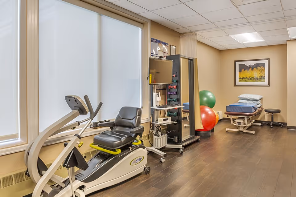A physical therapy or exercise room with a recumbent exercise bike, a rack of colorful dumbbells, two large exercise balls, a treatment table with pillows, a stool, and a framed landscape picture on the wall. The room has large windows with white blinds and wood flooring.