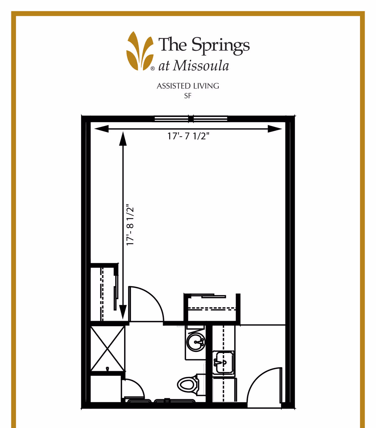 Floor plan layout of an assisted living unit at The Springs at Missoula showing a main living area measuring 17 feet 7.5 inches by 17 feet 8.5 inches, a bathroom with a toilet and sink, a shower area, and a small kitchenette with a sink.