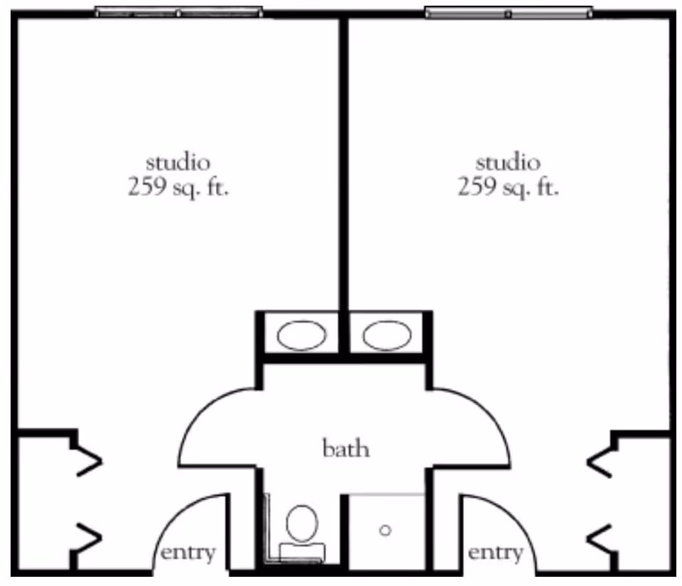 Architectural floor plan showing two adjacent studio apartments, each 259 square feet, with separate entries, a shared bathroom area with two sinks, a toilet, and a shower.
