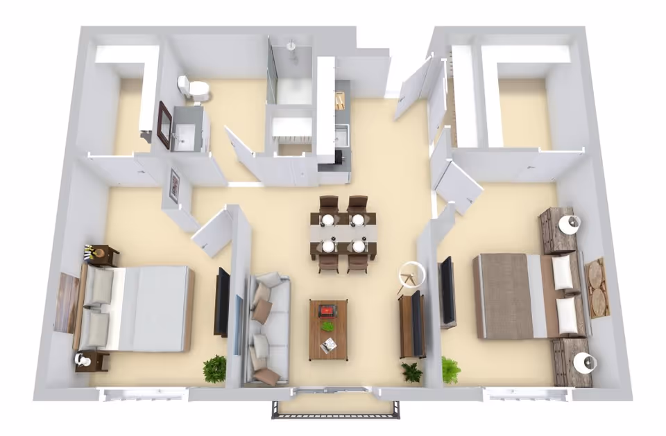 3D floor plan of a two-bedroom apartment featuring a living room with a sofa, coffee table, and TV, a dining area with a table set for four, a kitchen with appliances, two bedrooms each with a bed and nightstands, and a bathroom with a toilet, sink, and shower.