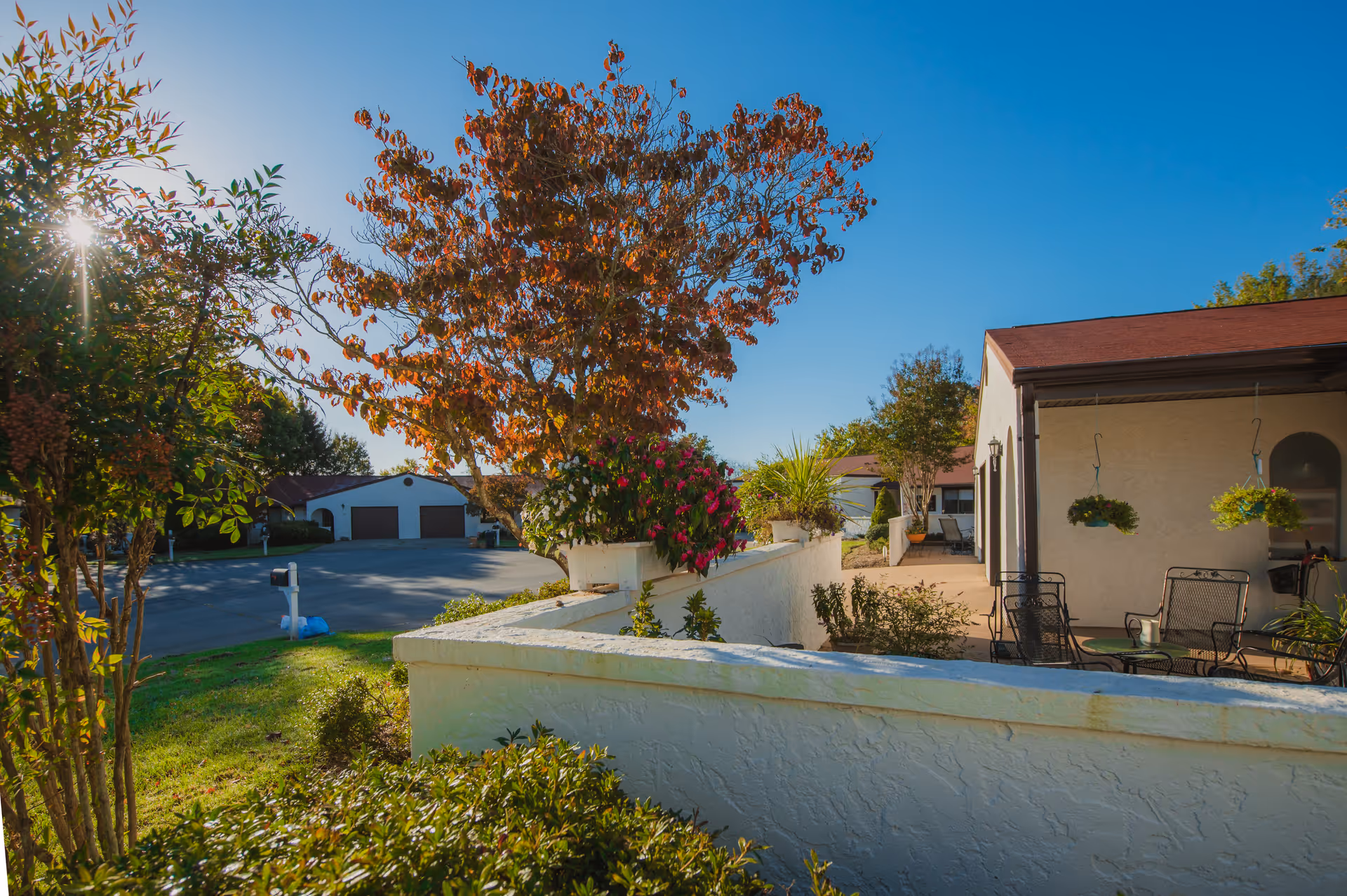 Sunlit outdoor courtyard with a white stucco wall, patio chairs, hanging plants and an autumn tree near residential buildings.