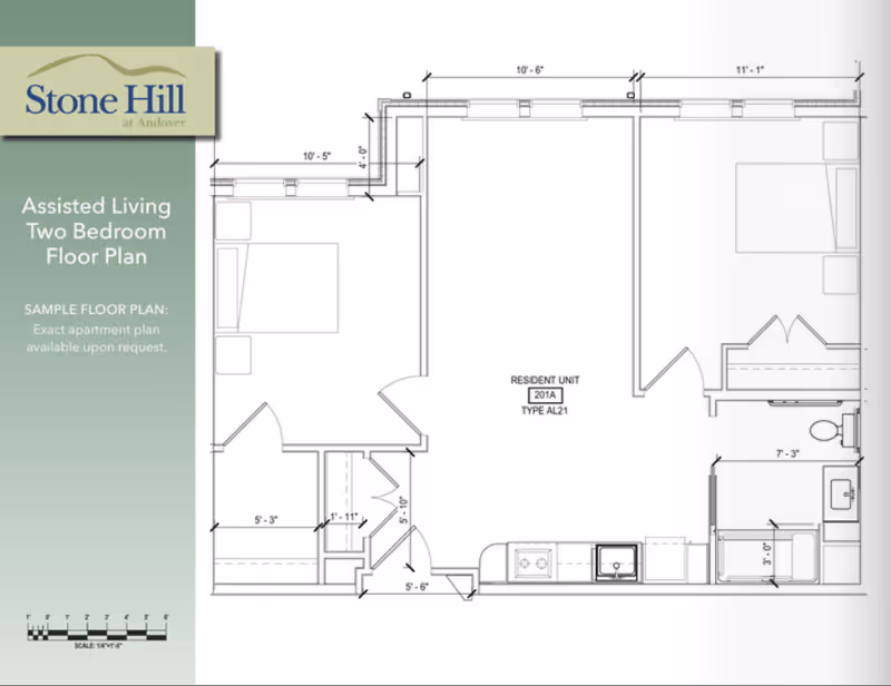 Two-bedroom assisted living floor plan for Stone Hill at Andover showing room layout, kitchen, bathroom, and dimensions.