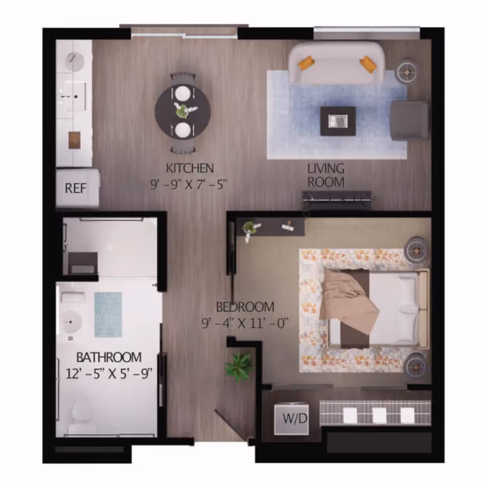 Top-down floor plan of a one-bedroom apartment with labeled kitchen, living room, bedroom, bathroom, and washer/dryer.