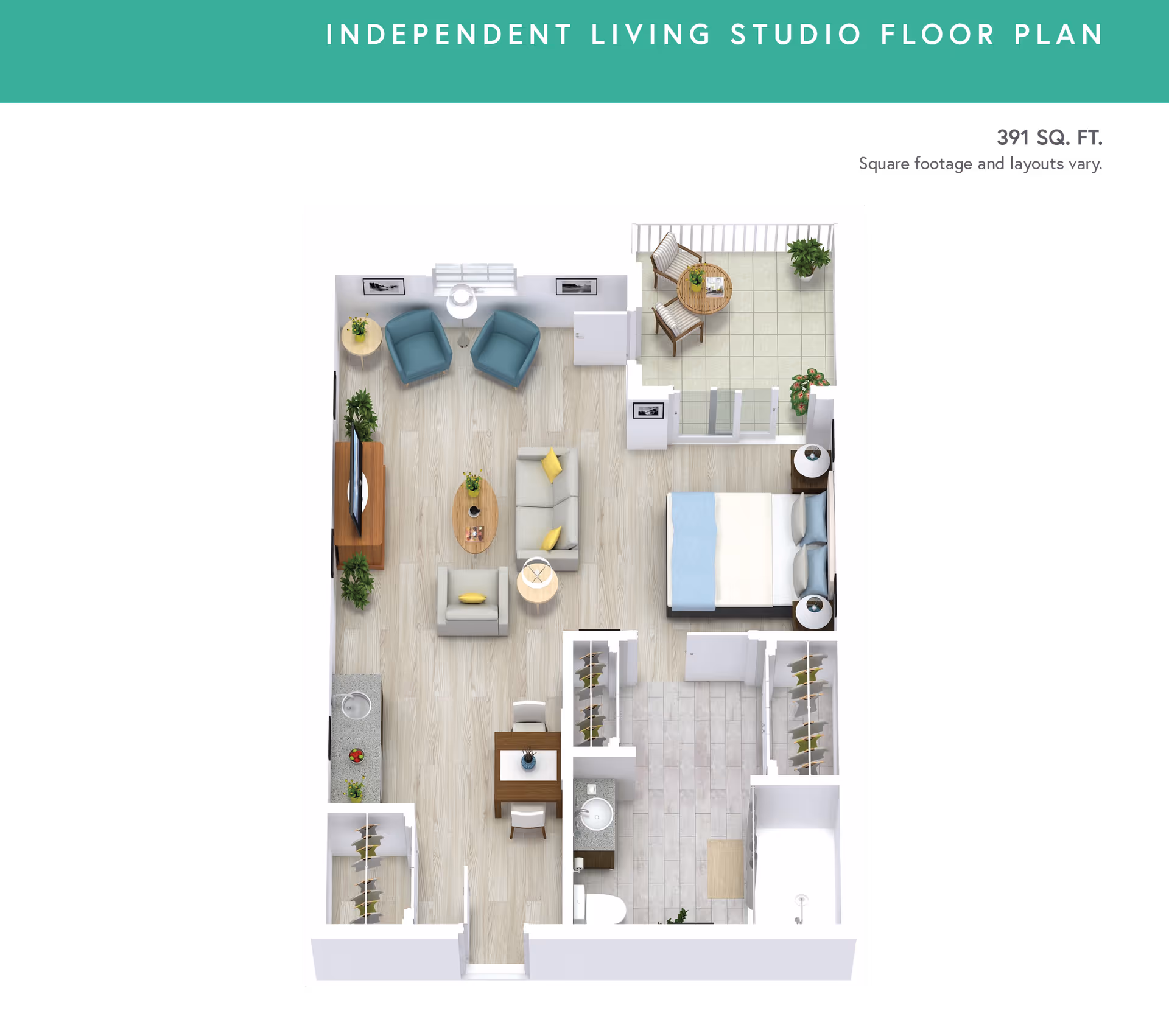 3D floor plan of an independent living studio apartment at Anchor Bay at Pocasset, showing a combined living and sleeping area with a bed, sofa, armchair, coffee table, TV, dining table with two chairs, kitchen area with sink and counter, bathroom with shower and toilet, two closets, and a balcony with two chairs and a small table.