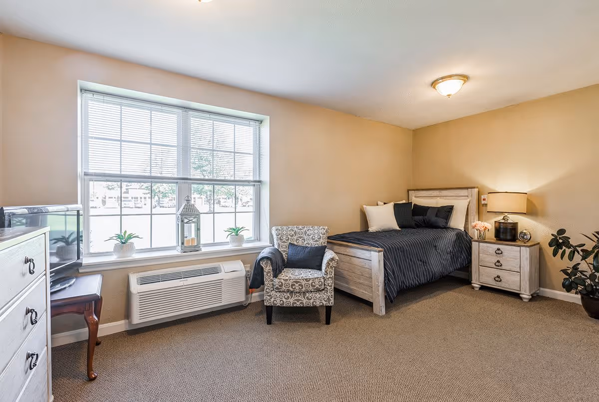 A cozy bedroom with a large window letting in natural light. The room features a bed with dark bedding and multiple pillows, a patterned armchair with a dark cushion, a wooden nightstand with a lamp and decorative items, a small TV on a wooden stand, and two small potted plants on the window sill. The walls are painted beige and the floor is carpeted.