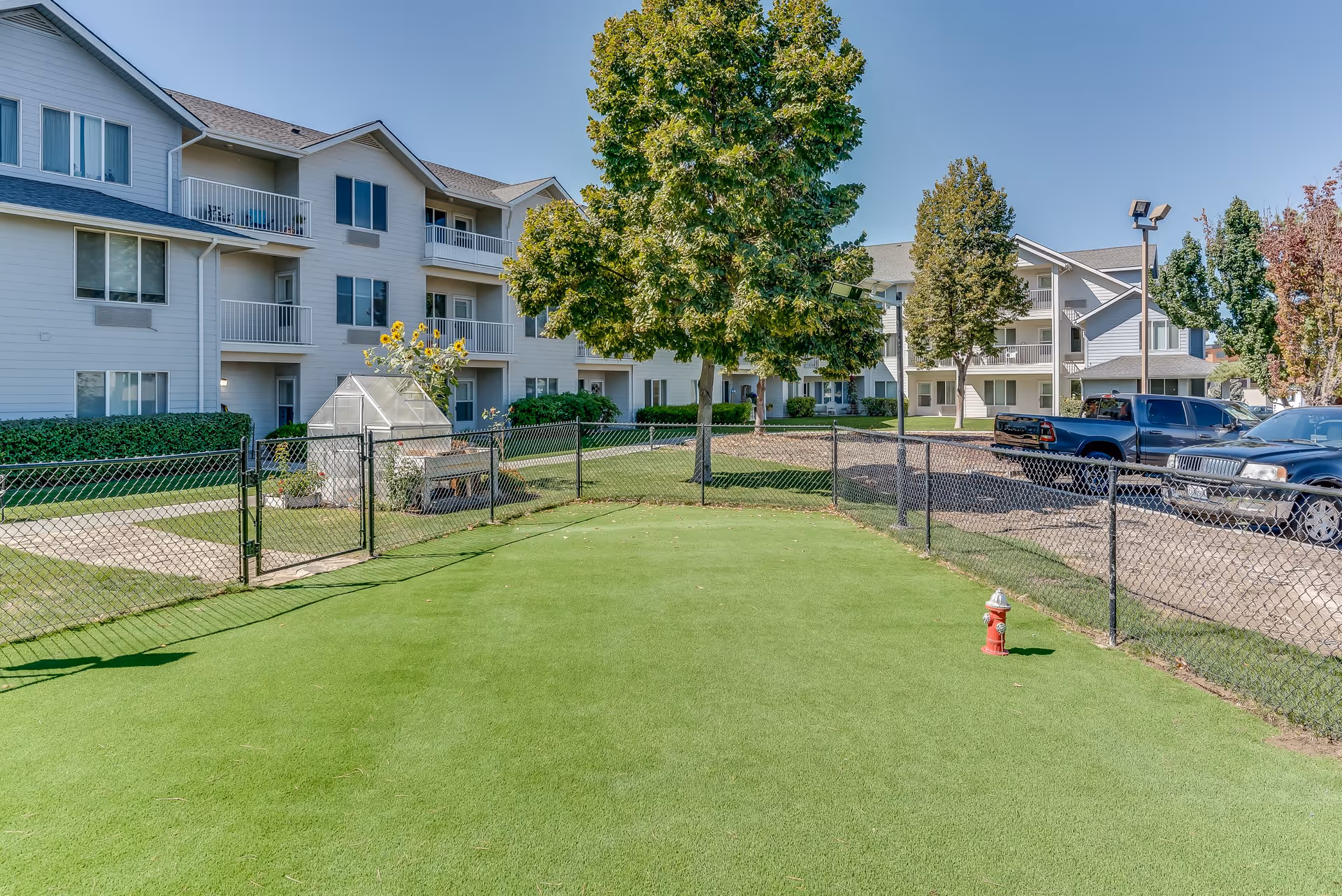 Outdoor area of a senior living facility with a green lawn, a fenced garden with sunflowers and a small greenhouse, several trees, and a parking lot with cars. The background shows a multi-story residential building with balconies and windows under a clear blue sky.