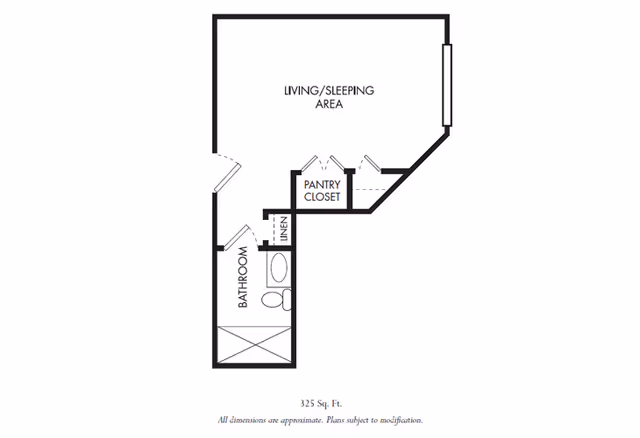 Architectural floor plan of a 325 square foot unit at The Gardens of Port St. Lucie showing a living/sleeping area, pantry closet, linen closet, and bathroom with a bathtub, toilet, and sink.
