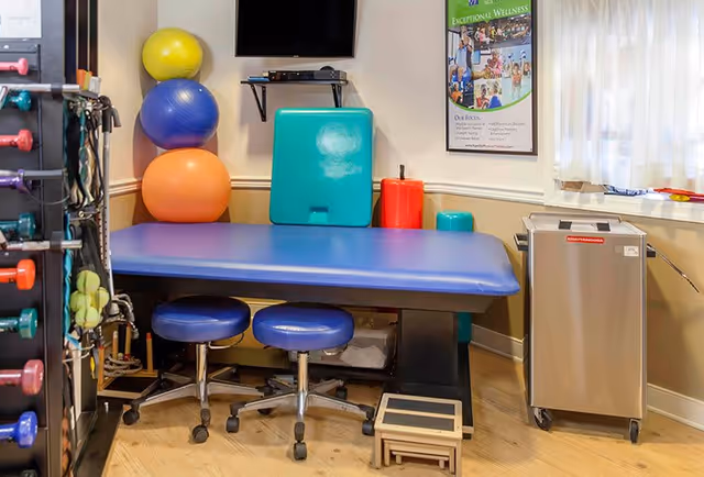 A physical therapy or wellness room with a blue padded treatment table, two blue rolling stools, colorful exercise balls stacked in the corner, various small exercise equipment on a rack, a small step stool, a stainless steel cart, and a wall-mounted TV above the table. A framed poster about exceptional wellness is on the wall next to a window with sheer curtains.