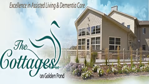 Exterior of a light-colored senior living building with landscaping and an overlaid logo saying "The Cottages on Golden Pond".