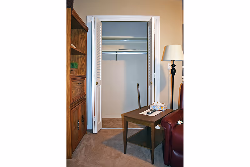 Open closet with louvered doors in a living area beside a wooden shelf, side table with tissues and remote, floor lamp, and a leather chair.
