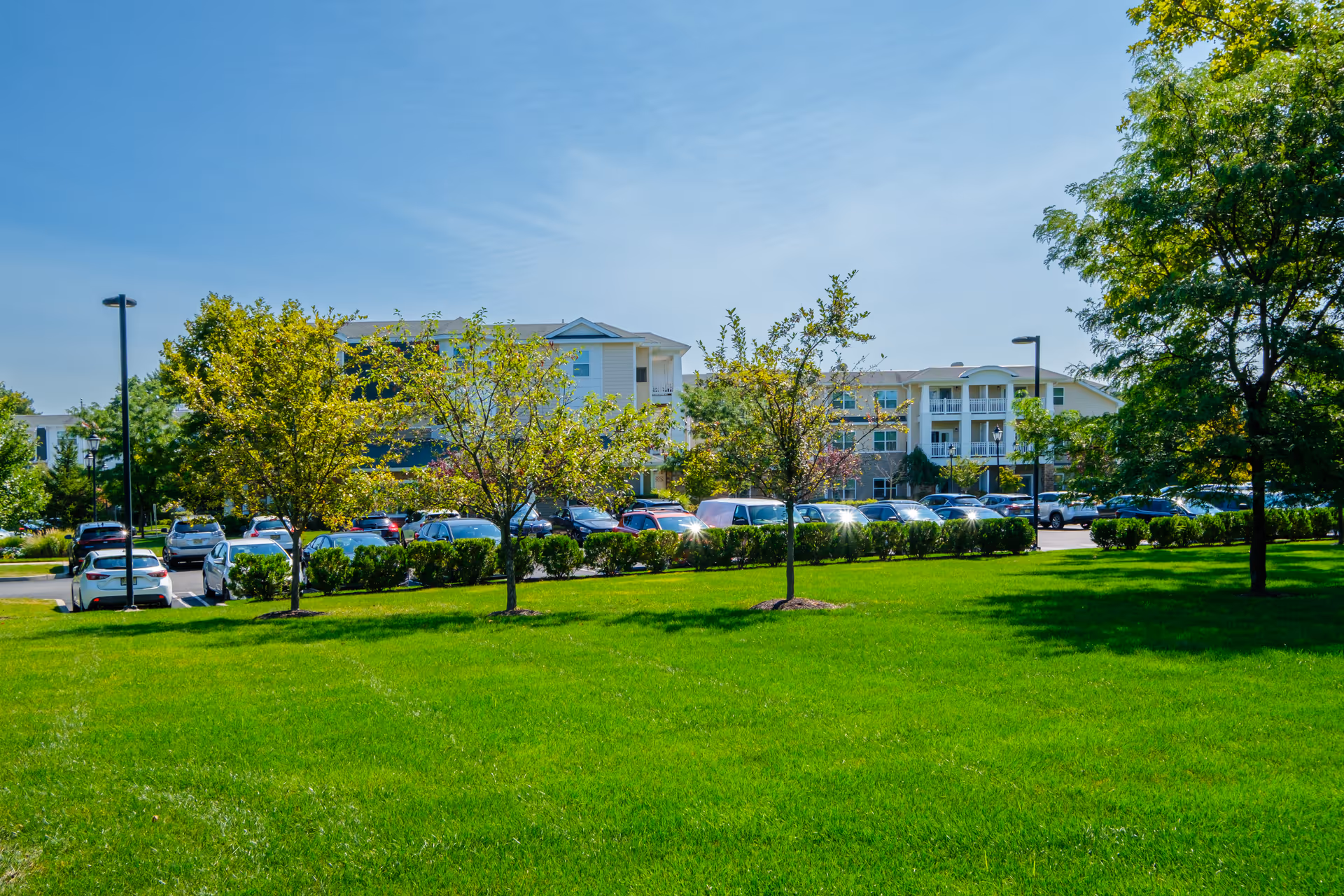 A bright, sunny outdoor scene showing a well-maintained green lawn with several small trees and bushes. In the background, there is a parking lot filled with cars and a multi-story residential building with balconies, likely part of a senior living facility.