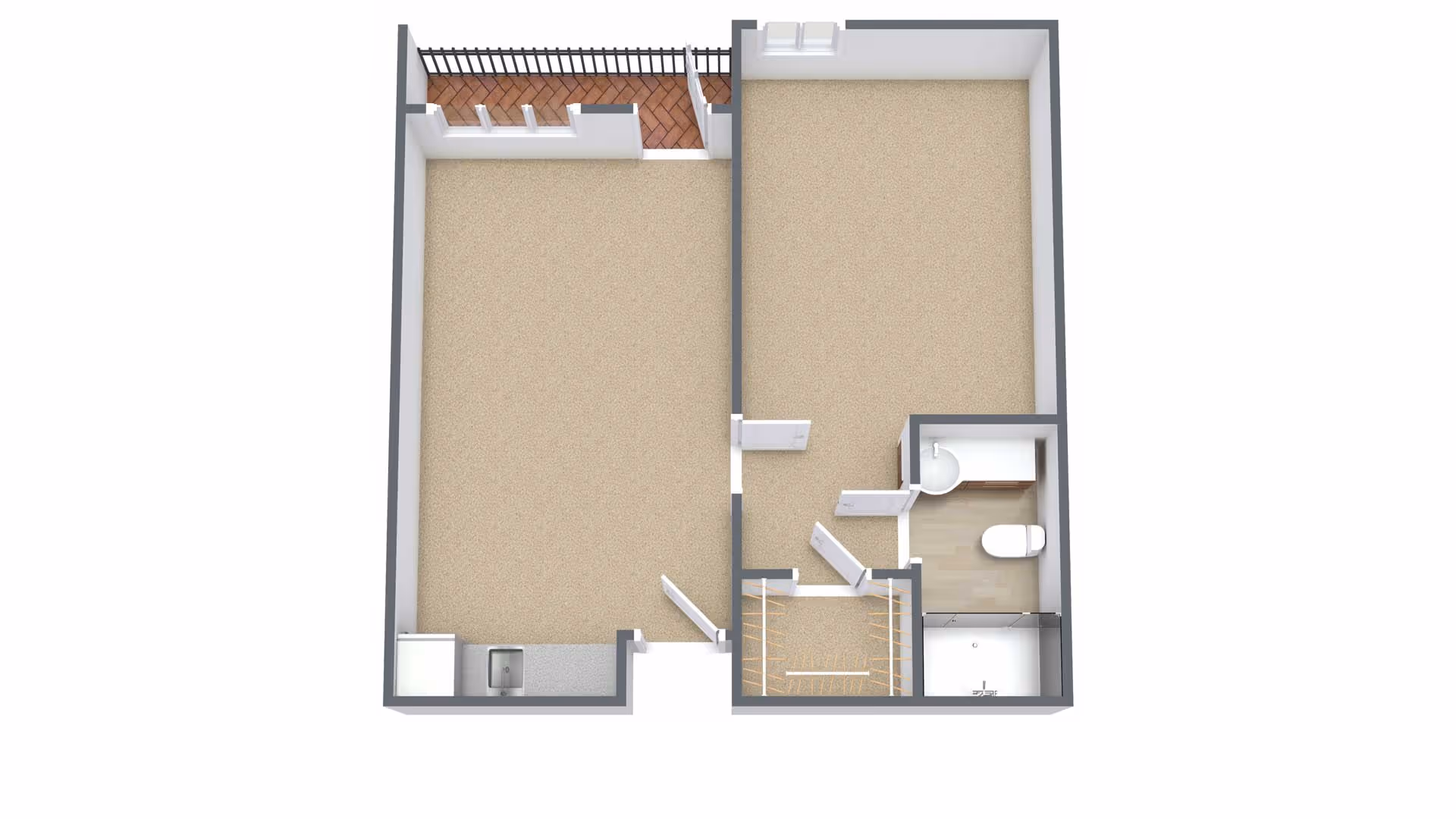 3D floor plan of a small apartment unit featuring a living area with a kitchenette, a bedroom, a bathroom with a shower, toilet, and sink, a walk-in closet, and a small balcony with a railing.