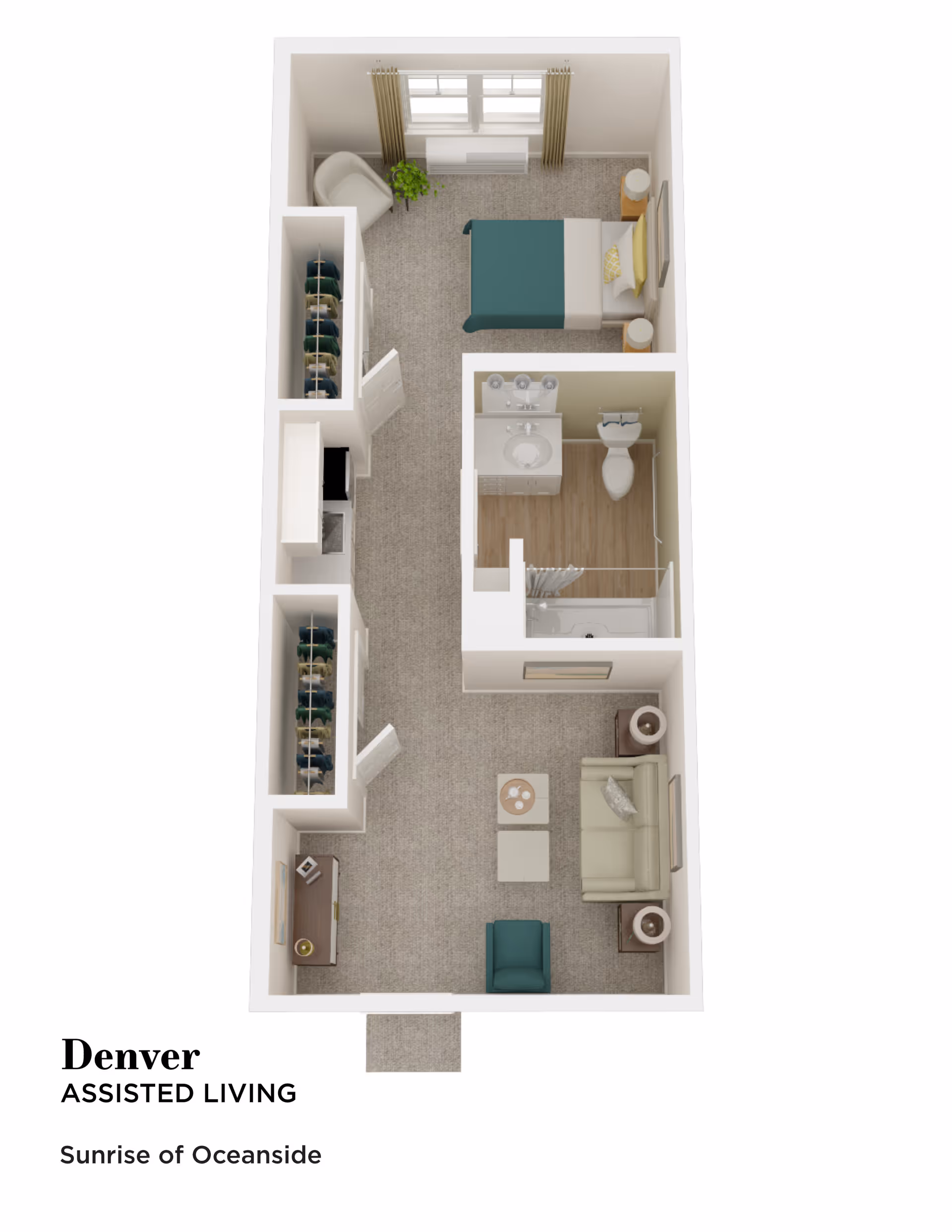 3D floor plan of an assisted living unit named Denver at Sunrise of Oceanside, showing a layout with a bedroom containing a bed, nightstands, and a chair by the window, a bathroom with a sink, toilet, and shower, a living area with a sofa, armchair, coffee table, and side tables, and two closets along the hallway.