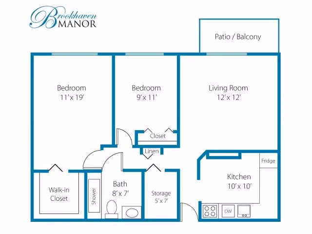 Floor plan of Brookhaven Manor showing two bedrooms, a living room, kitchen, bathroom, storage, walk-in closet, linen closet, and a patio/balcony. The dimensions of each room are labeled.