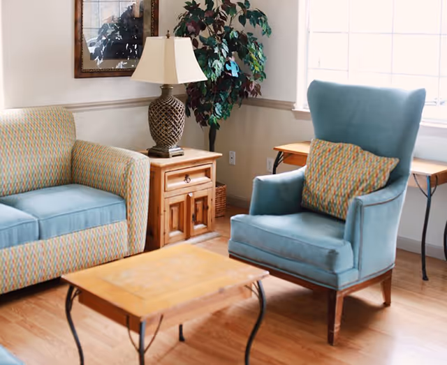 Sunlit living area with a teal armchair and matching sofa, wooden coffee and side tables, a lamp, and a potted plant.