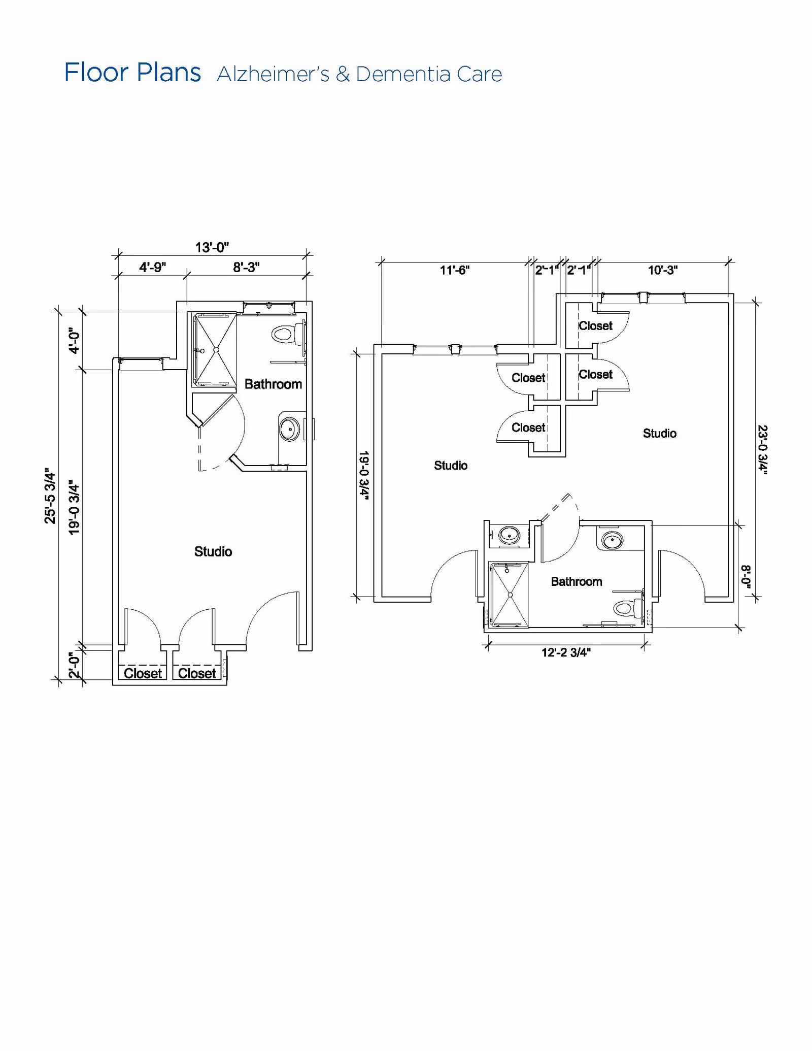 Architectural floor plans for Alzheimer's and Dementia Care studios at Brookdale Chatfield, showing two studio layouts with dimensions, closets, and bathrooms.