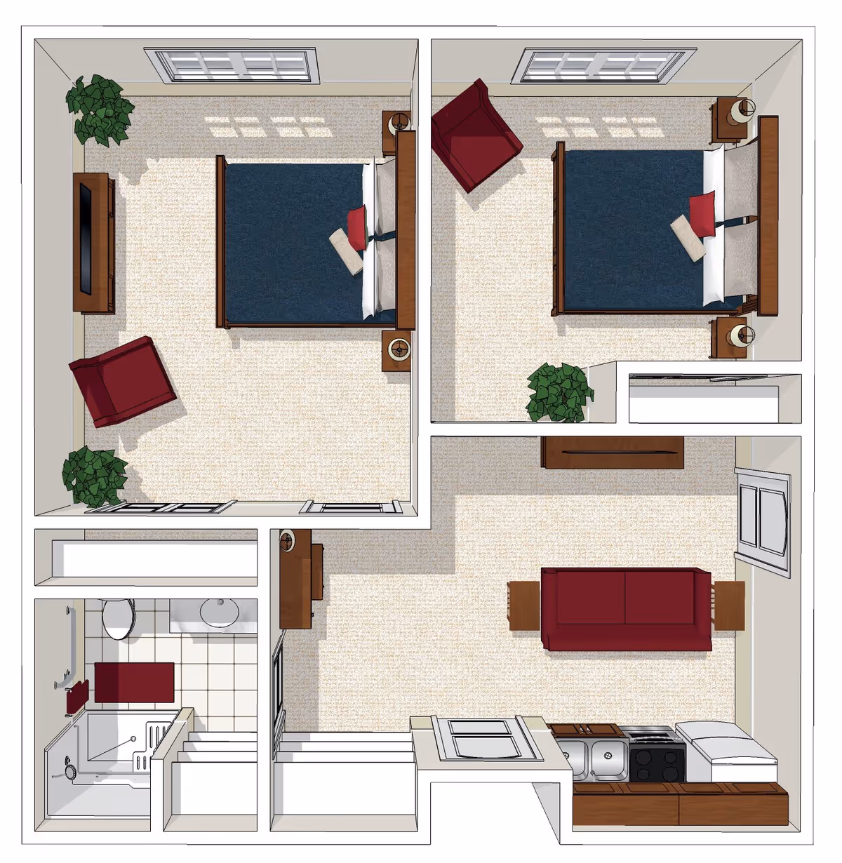 Top-down rendered floor plan of a two-bedroom apartment showing two bedrooms, a living area, kitchen, and bathroom.