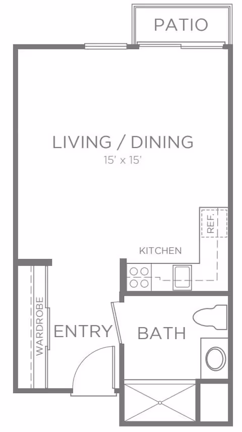 Floor plan of a living space at Byron Park showing an entry area with wardrobe, a combined living and dining room measuring 15 by 15 feet, a kitchen with stove, sink, and refrigerator, a bathroom with toilet, sink, and shower, and a patio accessible from the living/dining area.