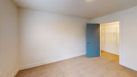 Empty room with beige carpet, white walls, and a blue door open to a walk-in closet with white wire shelving.