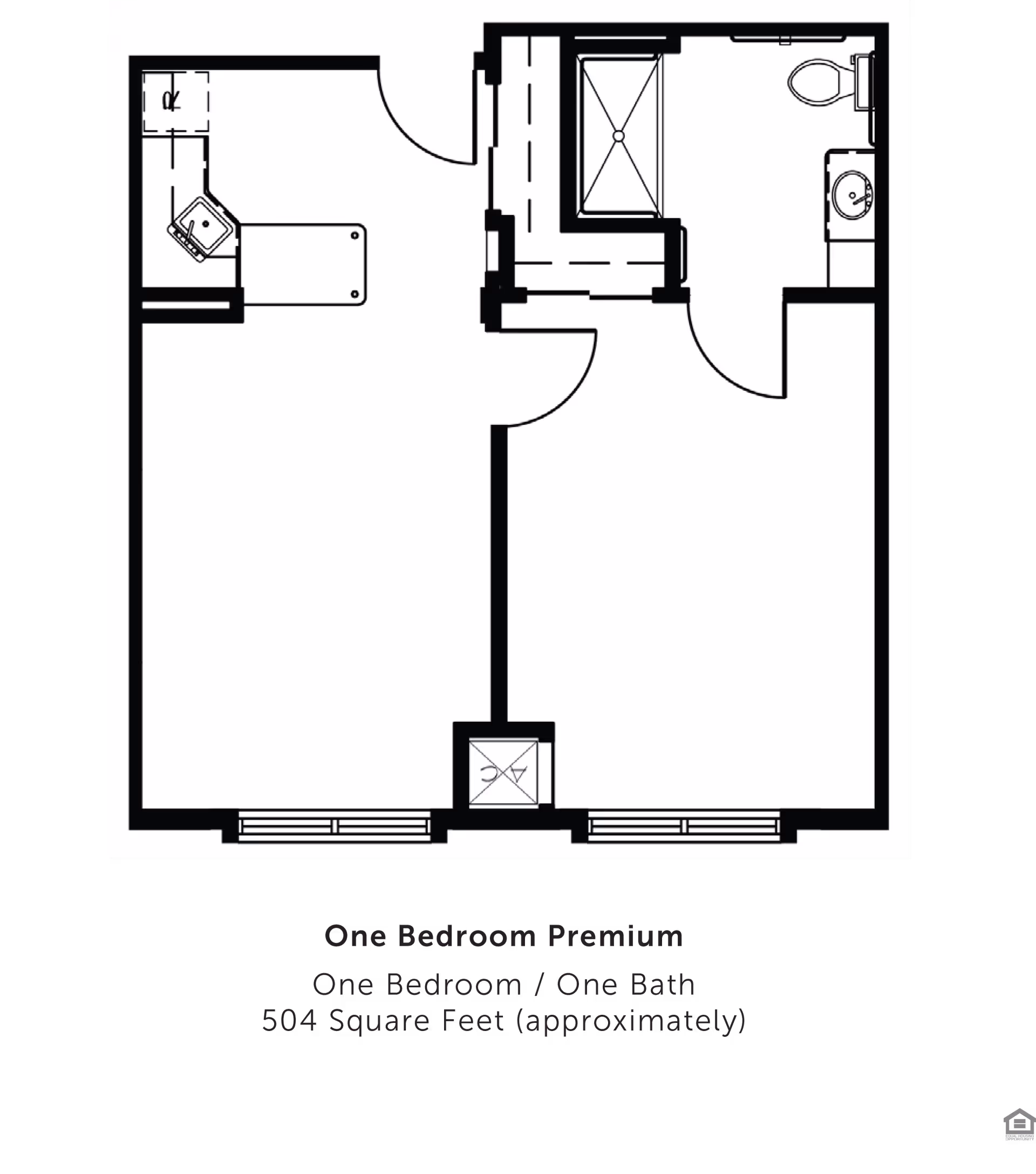 Black-and-white floor plan of a one-bedroom, one-bath apartment showing a living area, separate bedroom, bathroom and kitchenette.