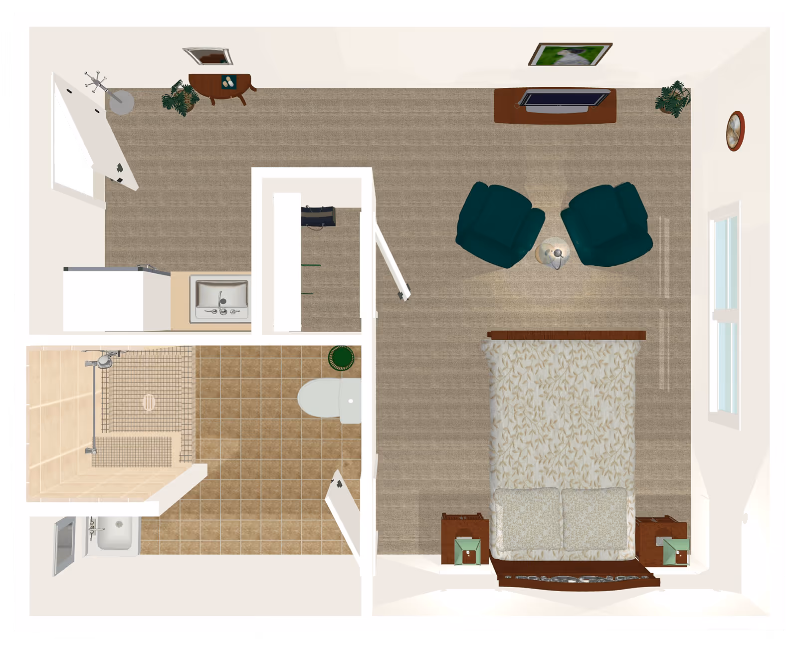 Top-down view of a studio apartment layout featuring a bedroom area with a double bed, two armchairs, a small round table, a TV on a stand, and two nightstands with lamps. The apartment also includes a bathroom with a shower, toilet, and sink, and a small kitchenette area with a sink and refrigerator. The room is carpeted except for the tiled bathroom floor.