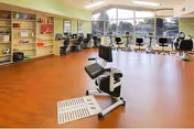 A spacious rehabilitation room with exercise equipment including stationary bikes and a seated leg press machine. The room has large windows allowing natural light to fill the space, light green walls, and wooden flooring. There are shelves with various items along one wall.