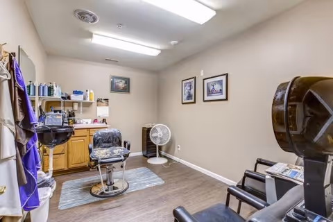 Interior of a small salon or grooming room with a barber chair in the center on a rug, a black sink on the left, shelves with hair care products, a standing fan, two framed pictures on the wall, and two black chairs on the right side.