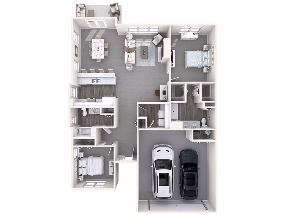3D floor plan of a residential unit featuring two bedrooms, two bathrooms, a kitchen with a dining area, a living room, a laundry area, and a two-car garage.