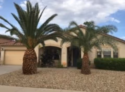 Front exterior of a single-story stucco house with two palm trees and gravel landscaping.
