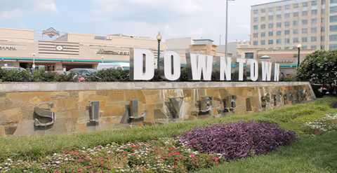Stone and metal sign reading 'DOWNTOWN SILVER SPRING' in front of a shopping center with parked cars and buildings in the background, surrounded by grass and flower beds.