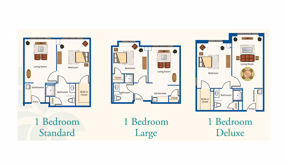 Three illustrated one-bedroom floor plans labeled 1 Bedroom Standard, 1 Bedroom Large, and 1 Bedroom Deluxe.