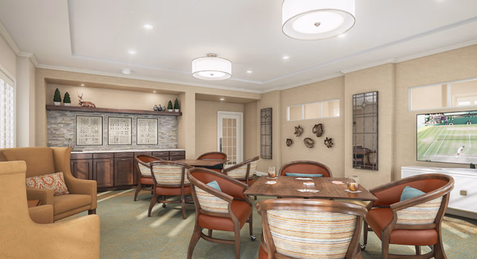 Bright communal dining and lounge room with multiple tables and upholstered chairs, built-in cabinetry and a TV showing tennis.