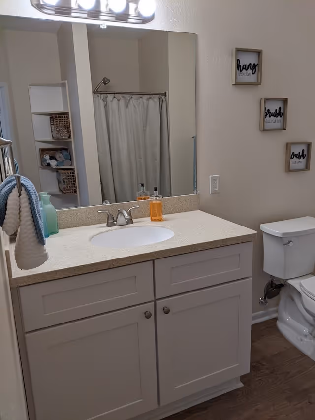 A bathroom with a white vanity cabinet and beige countertop featuring a sink with a silver faucet. Above the sink is a large mirror with a light fixture. To the right is a white toilet, and on the wall above it are three framed signs with the words 'hang', 'brush', and 'wash'. In the background, a shower curtain is visible along with shelves holding rolled towels and baskets. A towel rack with hanging towels is on the left side of the vanity.