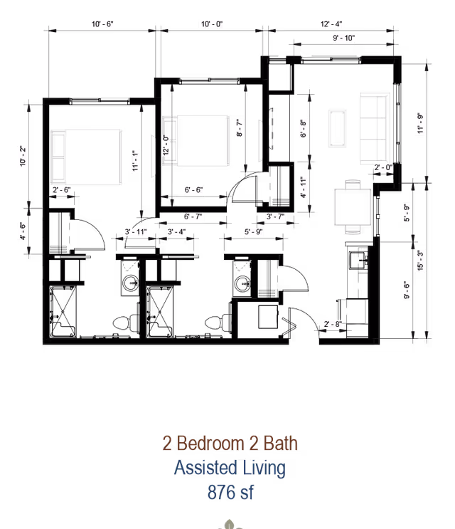 Architectural floor plan of a 2 bedroom, 2 bathroom assisted living unit measuring 876 square feet, showing room dimensions and furniture layout including beds, sofa, dining table, and TV.