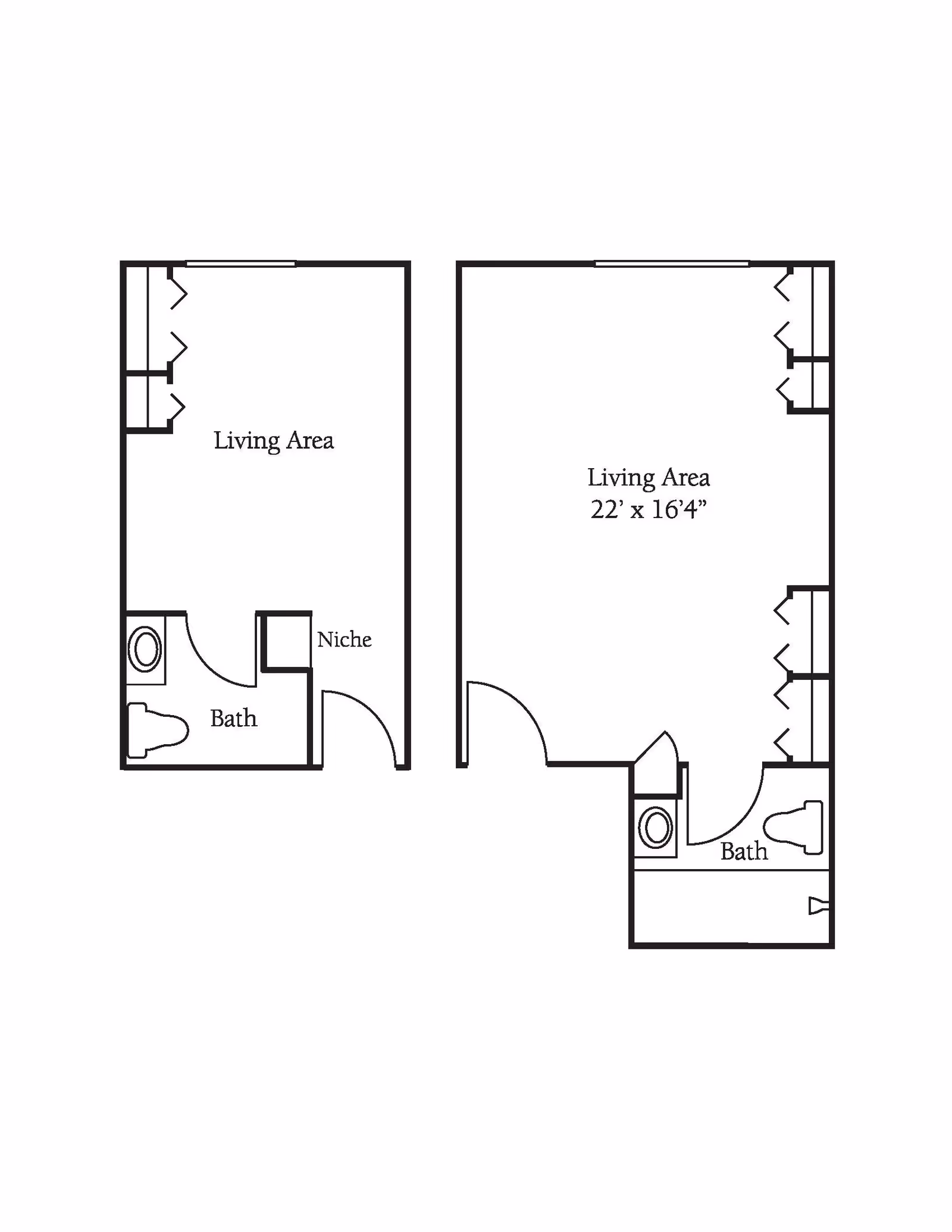 Floor plan showing two layouts with living areas and bathrooms. The left layout includes a living area, bath, and niche. The right layout includes a living area measuring 22 feet by 16 feet 4 inches, and a bath.