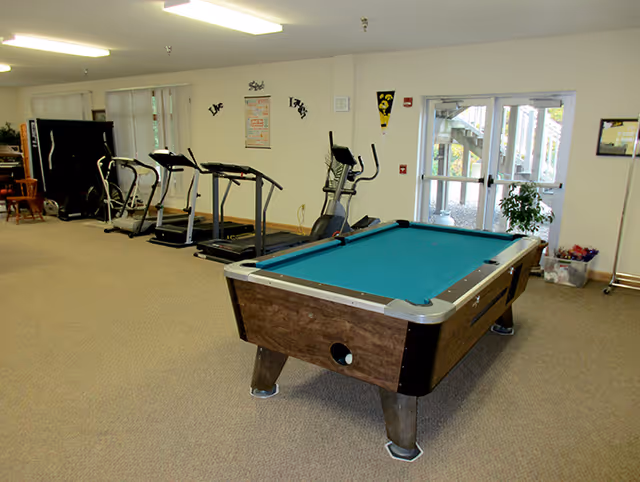 A recreational room featuring a pool table in the foreground and several exercise machines including treadmills and an elliptical in the background. The room has beige carpeting, white walls, and a glass door leading outside. There are some decorations on the wall and a small plant near the door.