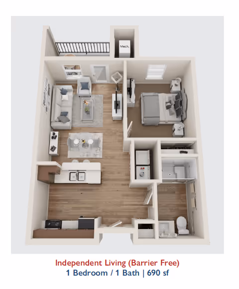 3D floor plan of an independent living apartment with one bedroom and one bathroom. The layout includes a living room with a sofa, armchair, coffee table, and TV, an adjacent dining area with a table and chairs, a kitchen with a sink and appliances, a bedroom with a bed and nightstands, a bathroom with a shower, toilet, and sink, and a small laundry area. There is also a balcony accessible from the living room.